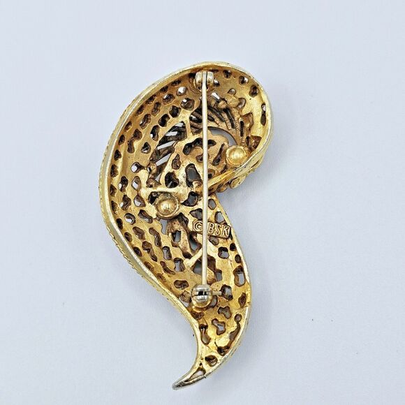 BSK Swirl Leaf Brooch Vintage Paisley Red & Red Aurora Borealis Large Estate Pin - Picture 10 of 13